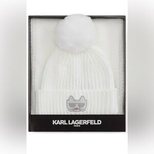 Karl Lagerfeld Disco Kitty Knit Pompom White Beanie & Scarf Boxed Gift Set NWT